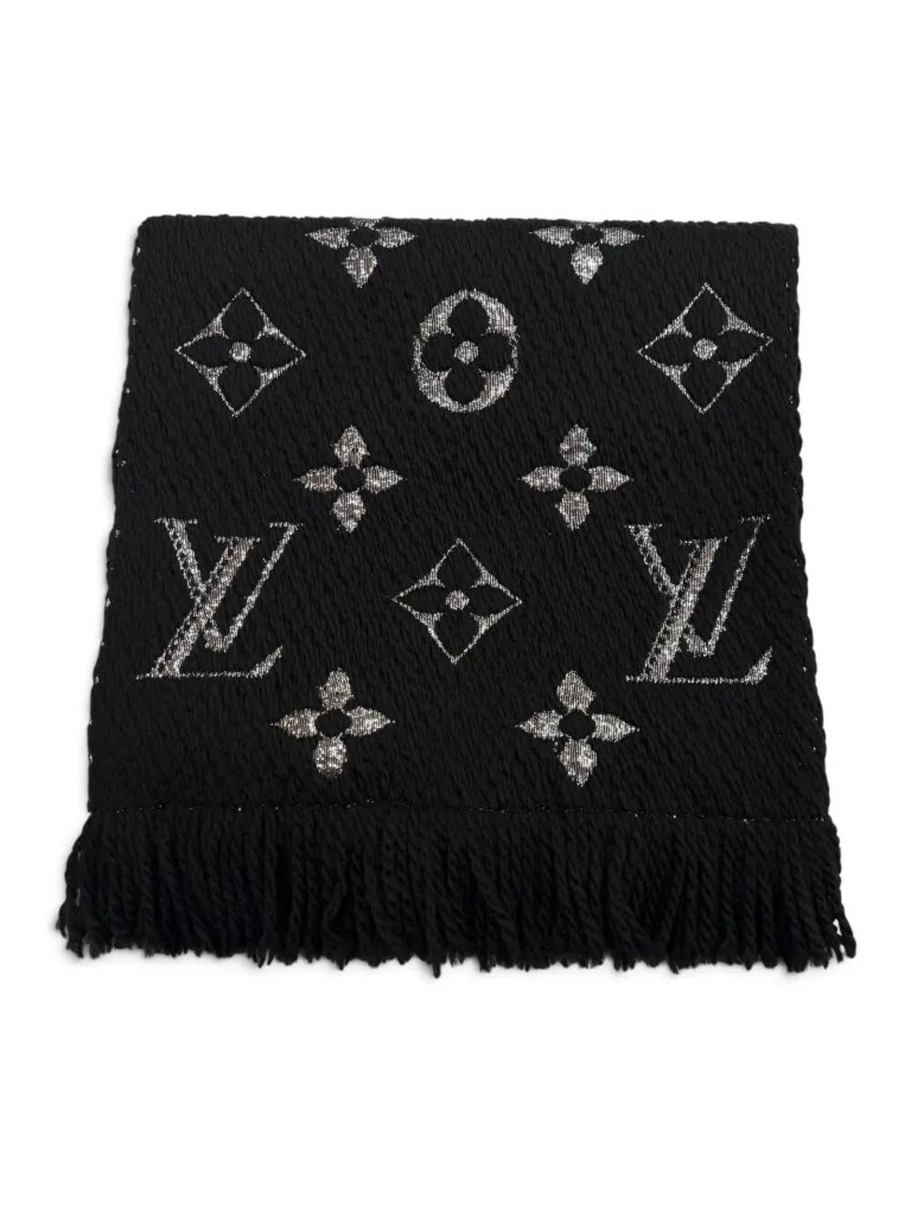 Louis Vuitton Echarpe Logomania Shine Wool Silk Monogram Scarf with Fringe